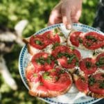 Bruschetta served on traditional Romanian tableware, enjoyed during a Slow Cyclist picnic in Transylvania.