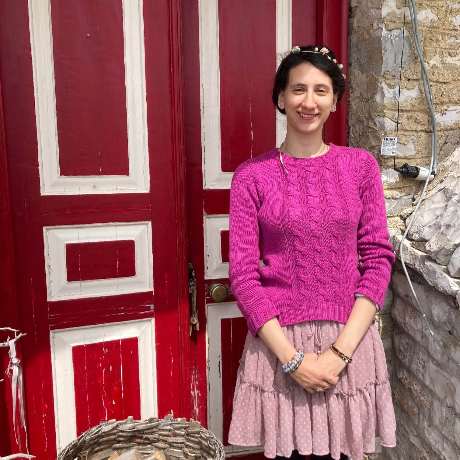 Konstantina, friend of The Slow Cyclist, stands outside her home in Vradeto, Zagori